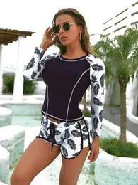 2024 Sexy Womens Designers Bikini Novo Europeu e Americano Surf Manga Longa Anti Mergulho Terno Impresso Ângulo Plano Split Conservador Swimwear para Mulheres