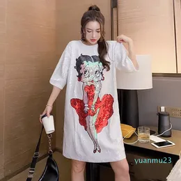 Mulheres doce dos desenhos animados lantejoulas oversized tshirt camisetas de manga curta coreano solto namoradas vestido de verão midlength camisetas topos