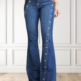 Kvinnor mode vanlig knapp dekor flare ben långa denim byxor flare jeans damen hög midja mager botten bred ben jeans 240124