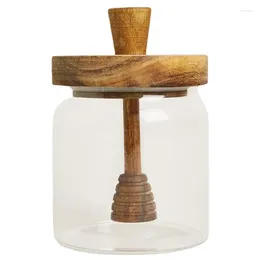 Louça de vidro pote de mel casa cozinha jar com dipper de madeira e tampa recipiente dispensador de xarope frascos tampas do agregado familiar