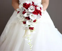 Cascading Bridal Bouquets Wedding Flowers with Artificial Pearls and Rhinestone White Calla Lilies Red Rose De Mariage Decoration 2099092