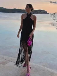 Kadın Polos Seksi Halter Elbise Kadın Siyah Tassel Arka Çıkmaz Keten Kolsuz Kadın Elbiseler 2024 Yaz Moda Plajı Uzun Lady Vestidos