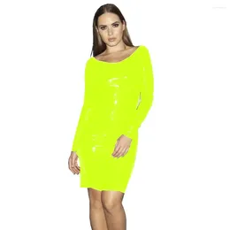 Casual Dresses Women Elegant High Quality Sexy BodyCon Wet Look Soft Faux Leather Mini Dress Long Sleeve Plus Size Pvc 4xl 5xl 6xl 7xl