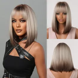Cosplay estilo feminino peruca reta franja gradiente cinza cabelo curto bobo fibra sintética bandana 231012