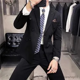Męskie garnitury Blazer Blazer + Spodnie High-end Solid Color Mens Casual Business Dost-Breasted Suit 2pcs Groom Wedding Sukni