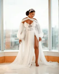 Arabic Aso Ebi Sexy White Wedding Dresses 2024 Nuova A-Line African African Bridal Abet for Brides Wedding Off spalla a maniche lunghe perle Tulle Vestidos de nolia