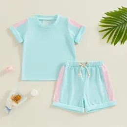 Kläder sätter Ewodos barn sommardräkt kontrast färg kort hylsa besättning hals t-shirt med elastiska midjeshorts i 1-5 år