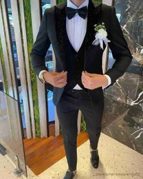 Erkekler Suits Blazers Son Zarif Tasarımlar Özel Yapımı Resmi Siyah Erkek Takımlar 3pieces Düğün Slim Fit Erkek Blazer için Parlak Yaka Damat Elbise Takım