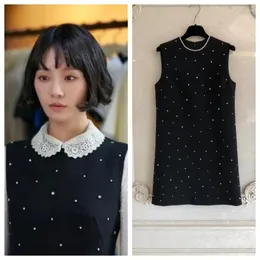 Casual Dresses Kpop Korean Dramas Fairy Style Elegant Off-Shoulder Round Neck Women Summer Temperament Slim Sleeveless Rhinestone Dress