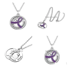 Collane con ciondolo Gx055 Consapevolezza del cancro Purper Nastro placcato argento Forza Speranza Coraggio Lettere d'amore Collana con pendente rotondo cavo Fo Dh8Fs