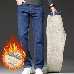 Herren Denim Jeans Verdickte Herbst Winter Hosen Gerade Lose Elastische Warme Mode Plus Größe 42 44 240124
