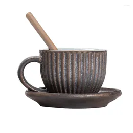Caffettiere Set di tazze in ceramica con piatto a cucchiaio Tazza personale Tè pomeridiano a strisce verticali Leggero lusso retrò
