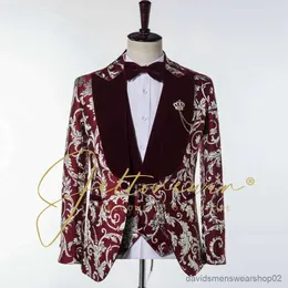 Ternos masculinos blazers 3 peças ternos do noivo para casamento conjunto de terno masculino 2022 formal luxo borgonha jacquard terno masculino completo fino ajuste smoking