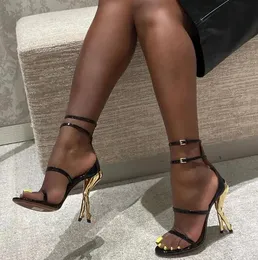 Summer Cabaret Sandals Ln Patent Calfskin Black Sexig Fashion Electropated Hip Shaped Irregular Heel Ankel Buckle Stage Performance Party Designer Evening Shoes Shoes