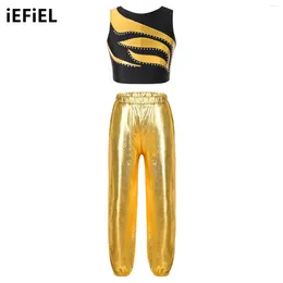 Clothing Sets Kids Girls Metallic Gymnastics Dance Set Shiny Rhinestones Decorated Patchwork Crop Top With Elastic Waistband Pants For