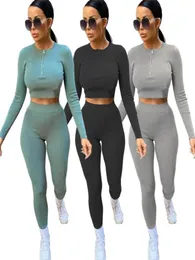Yoga Suit Sports Set Gym Clothing Fitness Women Long Sleeve Zipper Ribbed Crop Top High Waist Legging Workout Tracksuits Female2029154053