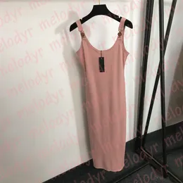 Sexy Vest Dress Designer Pink Knitted Skirts with Gold Buckle Summer High Elastic Slim Dress Sleeveless Sling Dresses