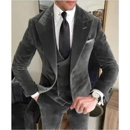 Деловые серые бархатные пиджаки Свадебные мужские костюмы Slim Fit Custome Homme Элегантные формальные комплекты из 3 предметов КурткаБрюкиЖилет 240123