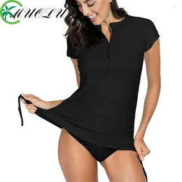 Mulheres Swimwear Muolux Mulheres Swimsuit 2024 Sexy Manga Curta Plus Size Cor Sólida Ternos de Banho Beachwear Biquinis Conjuntos Feminino Tankini