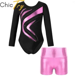 Stage Wear Kids Girls Ballet Sets Gymnastics Leotard With Shiny Metallic Shorts Outfit Figure Skating Bodysuit Bottons Costumes