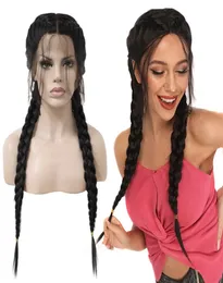 Middle Part Long Double Braids Straight Natural Black Braided Synthetic Light Brown Swiss Lace Front Wig With Baby Hair new2812250