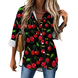 Женские блузки Блузка с принтом красной вишни Зеленые листья Каваи-графика Повседневные женские рубашки в уличном стиле Осенний топ большого размера с длинными рукавами