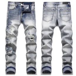 Men's Jeans Luxury Brand Man Light Blue High Street Paint Pattern Damaged Ripped Skinny Trousers Denim Pants