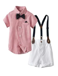 Baby Boy Gentleman Clothes Set Summer Suit For Toddler Striped Shirt with Bow TieSuspenders White Shorts Formal Boys Clothes Y2002693487