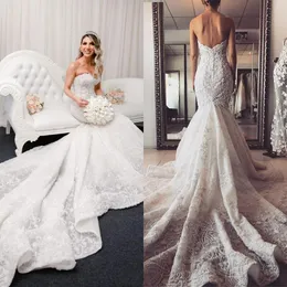 Abiti da sposa glamour a sirena bohemien Abiti da sposa sexy senza spalline in pizzo con applicazioni Abito da sposa Boho senza schienale