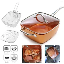 Pannor keramiska non-stick Pan Copper Square induktion Kock Glas lock Fry Basket Steam Rack 4 Piece Set 9,5 tum som används i