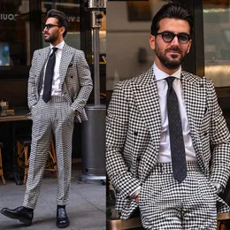 عتيقة Houndstooth Men Suit Wedding Peeded Teped Two Button Groom Tuxedo Slim Fit Bridegroom بدلات 2 قطعة (بانت بانت) حجم مخصص