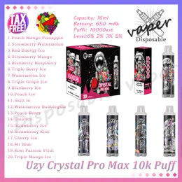 Original Uzy Crystal Pro Max 10000 Puff Disposable Vape Pen 0% 2% 3% 5% Nivå 16 ML Förfylld POD 650mAh laddningsbart batteri 10K E Cigarett 20 smaker i lager