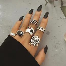 حلقات الكتلة Ifme Punk Gothic Joker Poker Ring Wide Chain Ring for Women Vintage Silver Retro Teenager Charm Finger Trend Jewelry