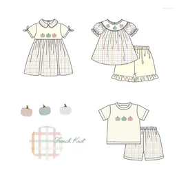 Mädchen Kleider Boutique Baby Sommer Saison ärmellos Rundhalsausschnitt drei Kürbisse Französisch Knoten Set und Kleid junge gelbe Top Kleidung Hosen