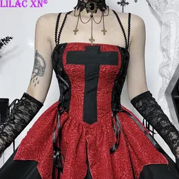 Casual klänningar goth rött kors bandage ärmlöst fest sexig vintage snörning backless miniklänning lolita y2k eleganta kvinnor kort