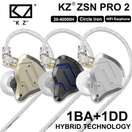 Fones de ouvido de telefone celular KZ ZSN Pro2 fone de ouvido de metal 1BA + 1DD Tecnologia Híbrida HIFI Bass Fone de ouvido com fio Monitoramento intra-auricular Fones de ouvido com cancelamento de ruído YQ240219