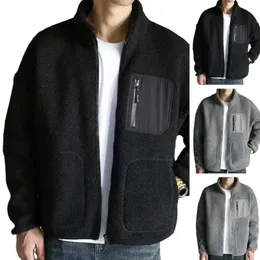 Men's Jackets Men Autumn Winter Imitation Lambswool Coat Stand Collar Long Sleeve Polar Fleece Jacket Pockets Zipper Placket Solid Color