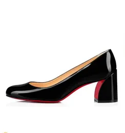 Designer Tacchi alti Punta quadrata Tacco spesso Bocca bassa Scarpe sexy con la suola rossa Sandali di marca estivi di lusso in pelle verniciata nera nuda con sacchetto per la polvere Taglia 35-43