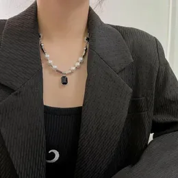 Chains Geometric Punk Black Gem Pendant Cold Wind Style Gift Female Korean Necklace Clavicle Chain Choker Pearl