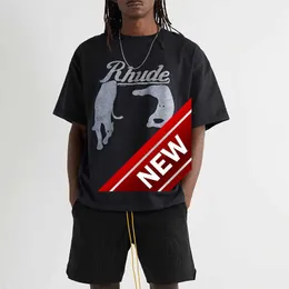 RHUDEvintage Night Cat High Street VTG Свободная летняя пара Короткая модная брендовая мужская футболка с круглым вырезом и половиной рукава