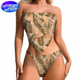 Women's custom Bikini Swimsuit HD Patterned strap-on Design navel with strapless top Low rise shorts 86% polyester +14% Spandex 137g Orange