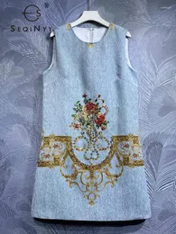 Casual Dresses Seqinyy Blue Vest Dress Summer Spring Fashion Design Women Runway High Quality Vintage Flower Print Beading Mini Elegant