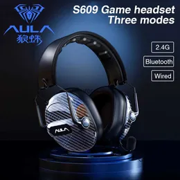 Cell Phone Earphones AULA S609 Bluetooth/2.4 G/Type-C Wired Gaming Headset Rechargeable Pluggable Built-in Microphone 4D Sound Effect Adjustable Size YQ240219