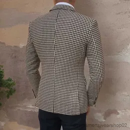 Erkek Suit Blazers Houndstooth Plaid Blazer Erkekler İçin Bir Parçalı Takım Ceket 2 Yan İnce Slim Fit Sıradan Erkek Kat Moda Kıyafetleri 2023