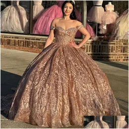 Quinceanera Dresses Luxury Shampagne Gold恋人スパンコールドレス甘い16人の女の子、Shoder Ball Gown Birthday Party Dress Prom Ve Otovl