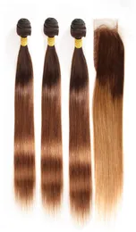 430 Brown Roots Medium Auburn Ombre Straight Indian Human Hair 3bunds med 4x4 spetsstängning Bruna rötter 2tone ombre Wea3011641