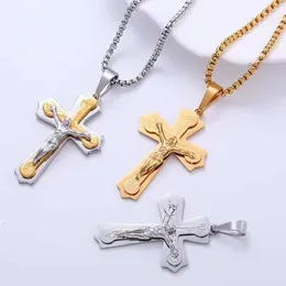 Ожерелья с подвесками, религиозное ожерелье с крестом Иисуса, кулон для мужчин, золотой цвет, 14-каратное желтое золото, ожерелья с распятием, мужские христианские украшения