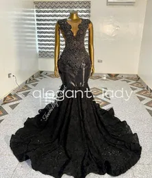 2024 Black Sparkly Mermaid Prom Party Dresses for Women Luxury Diamond 3D Rose Train Evening Ceremony Gown robe de soiree