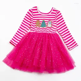 Abiti da ragazza Girlymax Inverno Neonate Strisce di Natale Pan di zenzero Pupazzo di neve Ricamo Twirl Lunghezza al ginocchio Abbigliamento Abito in tulle Manica lunga