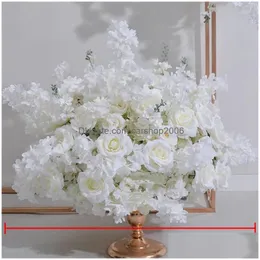 Декоративные цветы Венки Белые искусственные вишневые розы Висячие угловые цветочные ряды Свадебный фон Арка Декор Стол Cente Dh6U7